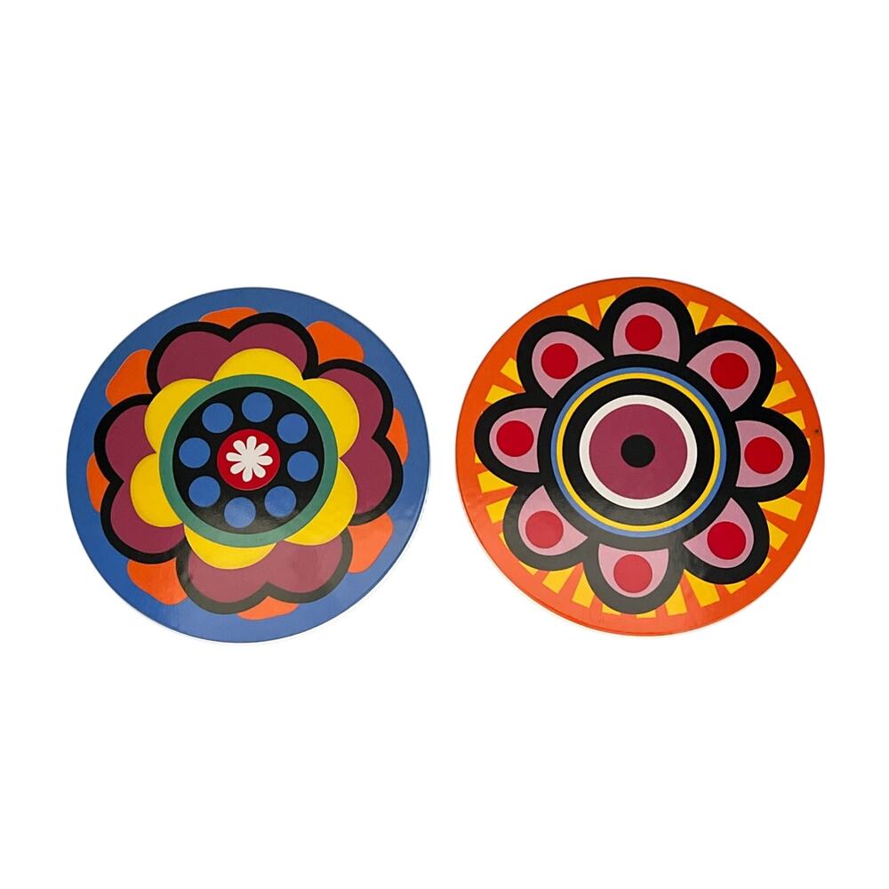 2pc MCM Style Round Trivet Mod Retro Ceramic Hot Plate Colorful Abstract 6” Avon